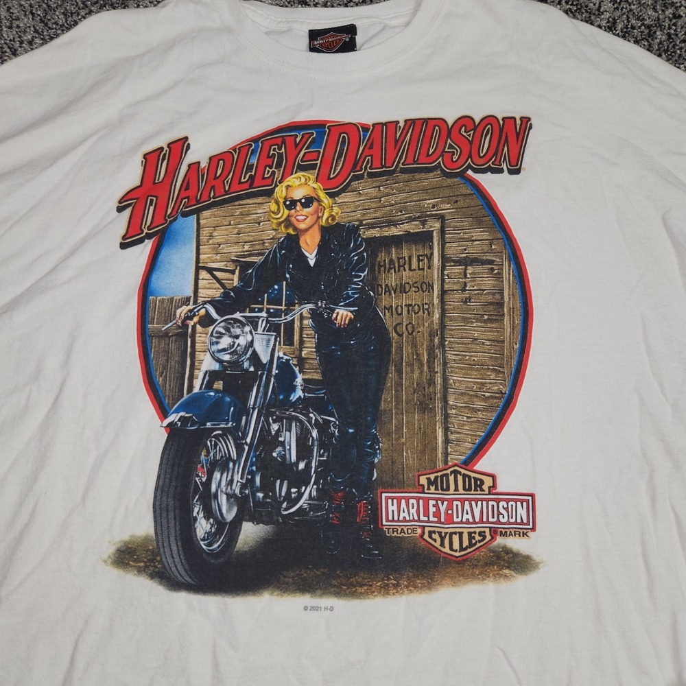 Harley Davidson White Long Sleeve Blonde Pinup Biker Babe Men's 2XL Mechanic
